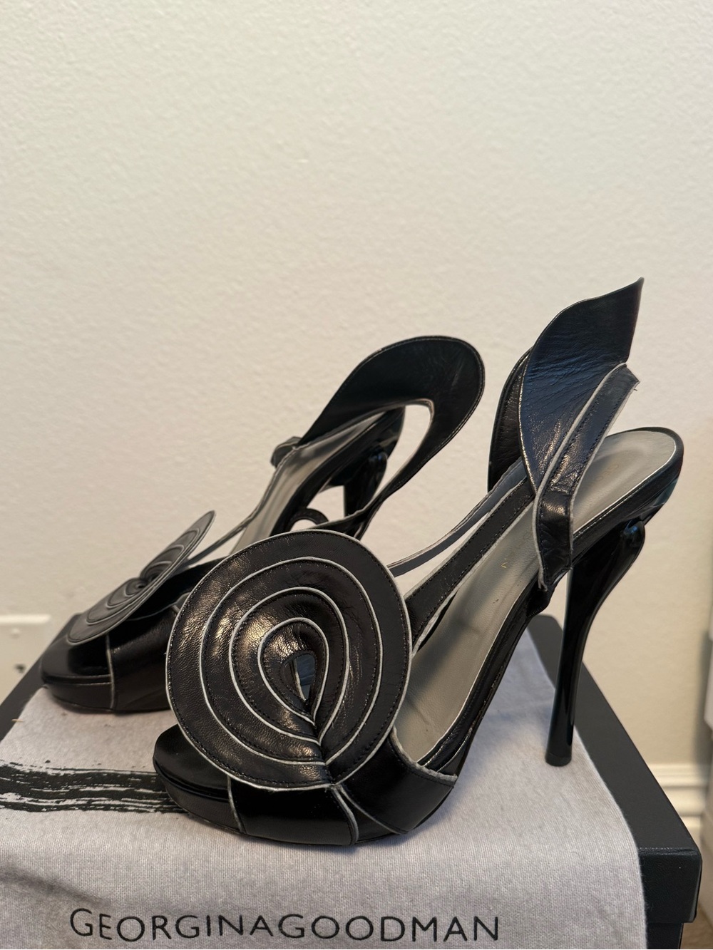 Georgina Goodman Nadine Black Leather Spiral Slingback Heels